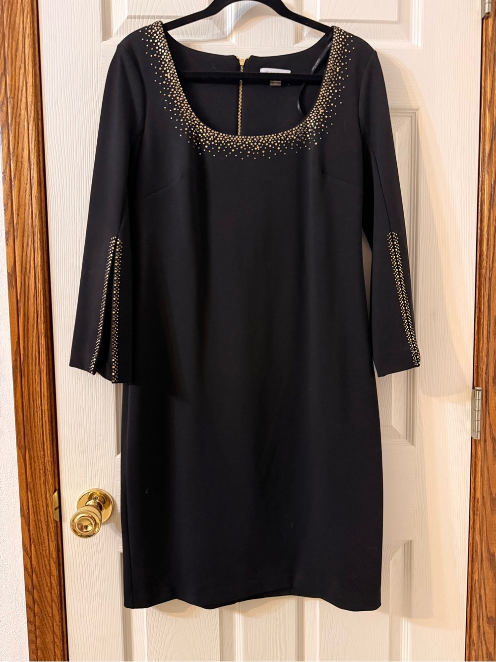 Calvin Klein Black Shift Dress with Gold Stud Accents